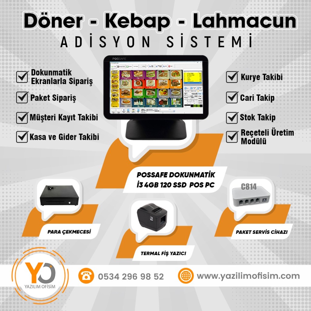 Fast food işletmesi için dokunmatik satış terminali ve mutfak sipariş ekranı
